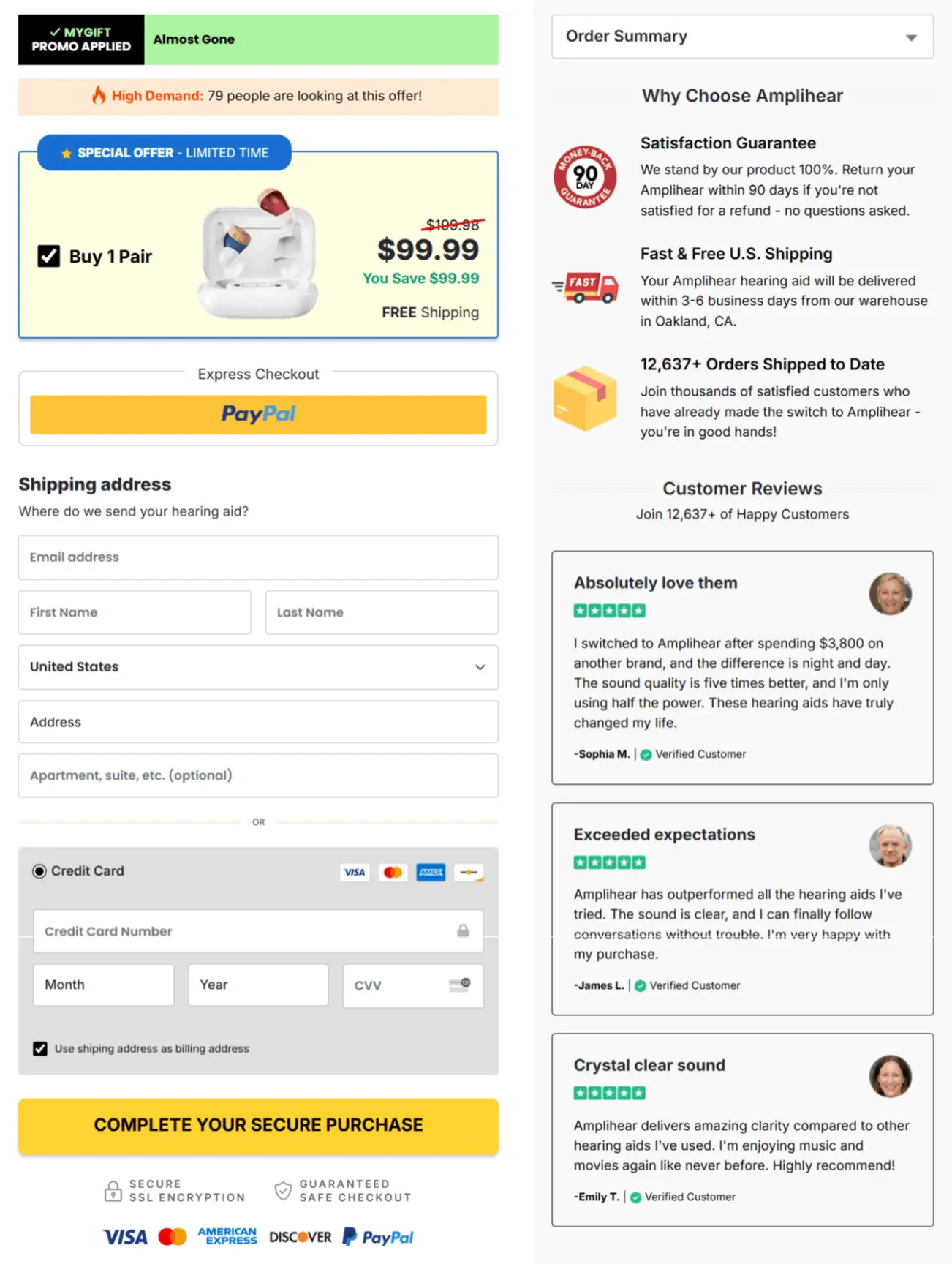 Amplihear secure checkout page